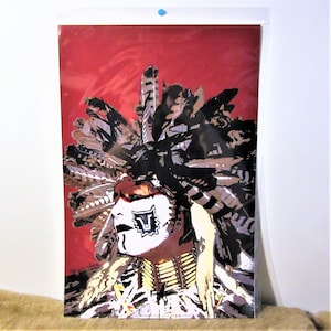 以下が含まれることがあります： 羽根のついたヘッドドレスをつけたネイティブアメリカンの男性のカラフルなイラスト。男性は顔に黒い絵の具を塗った白い顔をしていて、額には黒い狼のシンボルがあります。背景は赤です。