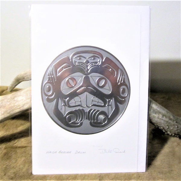 Haida First Nations ''Beaver Drum'' Pacific North West Coast Native Indigenous Art Chrome Finish Post Card & Envelope