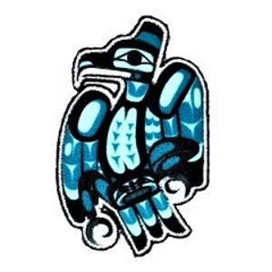 May include: A blue and black stylized illustration of a bird with a large eye, wings spread, and a geometric pattern on its body.