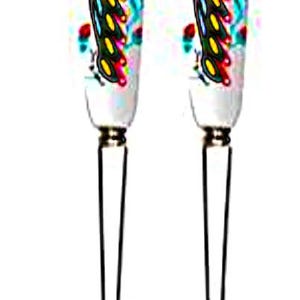 May include: A set of two silver utensils with white handles featuring a colourful bird design. The fork has three tines and the spoon has a rounded bowl.