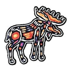 May include: A vibrant illustration of a moose, featuring a black outline and filled with detailed patterns in orange, yellow, purple, and blue. The antlers are a warm orange. This image is likely a sticker or decal.