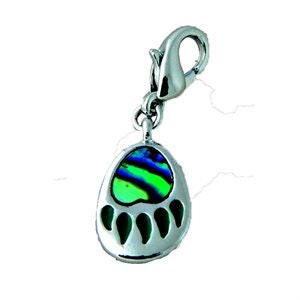 May include: Silver charm featuring a green, blue and purple abalone shell inlay in the shape of a bear paw print.