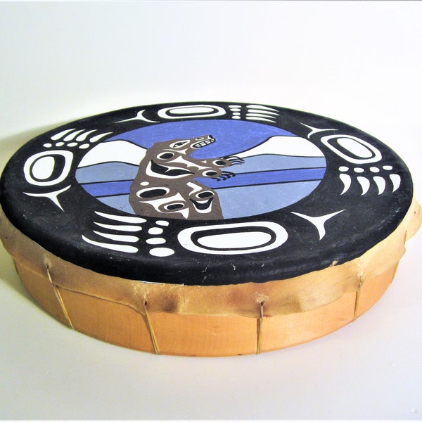 Kwakiutl First Nation ''Bear'' Elk Hide Potlatch Drum Pacific North West Coast Native Indigenous Instrument Art