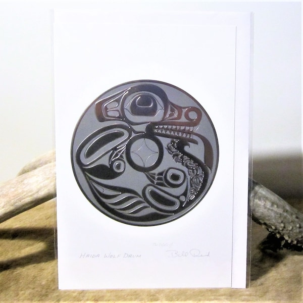 Haida First Nations ''Wolf Drum'' Pacific North West Coast Native Indigenous Art Chrome Finish Post Card & Envelope