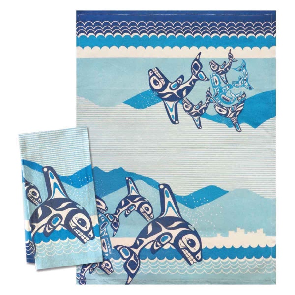 Haisla Heiltsuk First Nation ''Orca Family'' Printed Tea Towel Pacific North West Coast Native Indigenous Art