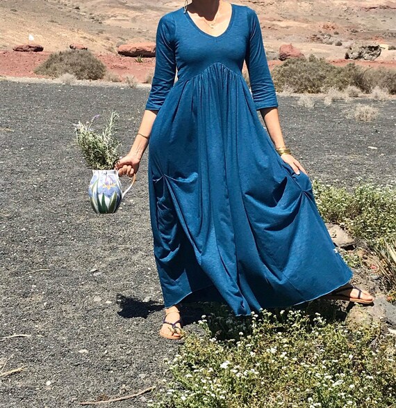Cotton Long Maxi Dress With 3/4 Sleeves 