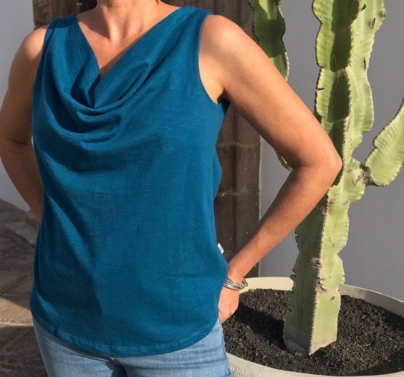 Stretch Cotton Top Cowl Neck Top Casual 