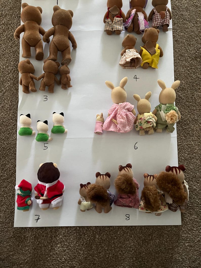 May include: A collection of flocked animal figurines arranged in groups on white paper labelled with numbers 3 through 8. The set includes various bears, rabbits, cats, and squirrels wearing fabric clothing, viewed from the back to show their outfits.