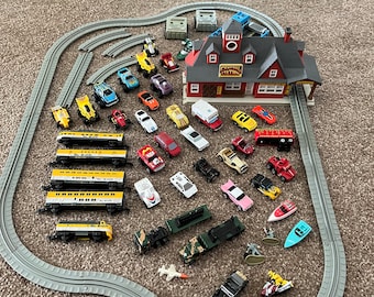 Micro Machines train set, station, vehicles, boat