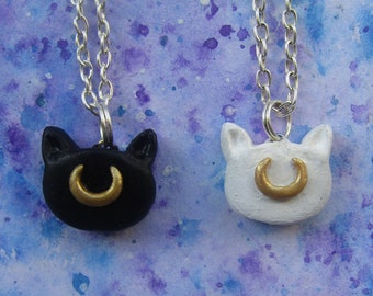 Cat head with moon pendant charm necklace (polymer clay)