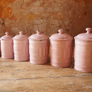 Canisters, complete set of six antique French pink enamel nesting pots, spice storage jars, gift women, country kitchen decor, romantic