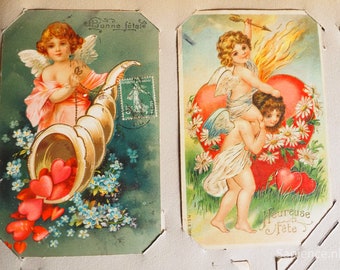 Postcard album with 36 cards, 1900 antique French decorated album with some excellent postcards inside, handpainted cover