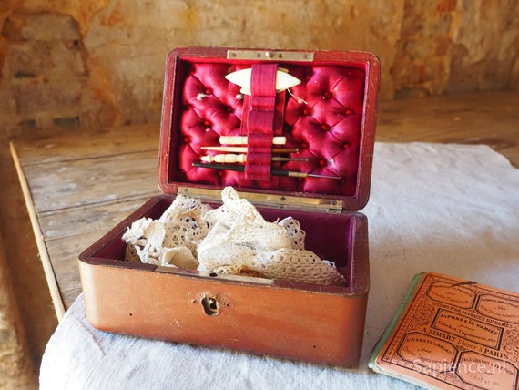 Sewing jewelry box, leather with monogram and original bone tools, rare antique french box View 2