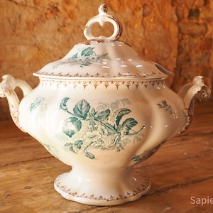 Gorgeous tureen, antique French transferware 1900, Sarreguemines white with brown blue decor &#39;Flore&#39;, gift women