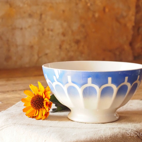 Charming large vintage French white with blue decor ironstone Coffee bowl,  Cafe au lait bowl, birthday gift women