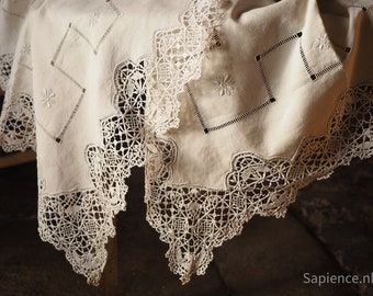 Exquisite bed sheet,  antique hand embroidered French linen sheet or table cloth 126" x 90", Monogram JR, crochet and ladder work