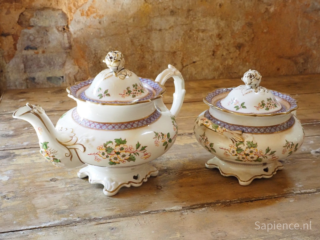 Festive Set of Large Antique French Teapot With Sugar Bowl or Confiture