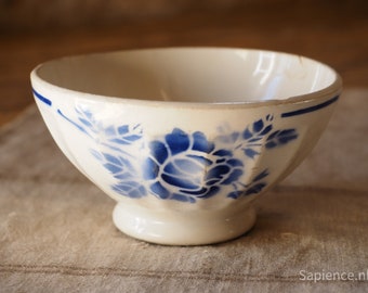 Vintage coffee bowl, French white with blue decor ironstone Cafe au lait bowl
