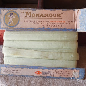 Pastel green silk ribbon or trim on original card, antique French Paris decor, trim, sowing projects, crafting scrapbooking, gift women