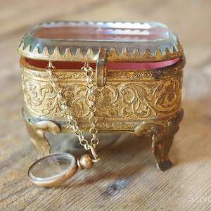 Ormolu jewelry box, small antique French, pink silk lining and beveled glass, ring box, gift women
