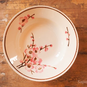 Large round bowl, creamware antique French 1932 salad dish, st Amand cream with pink blossom, transferware, birthday gift women