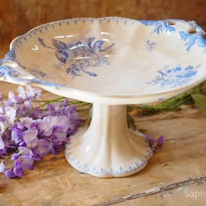 Festive large antique French white with blue decor cake stand or compote on foot by Sarreguemines, decor Flore, gift women, wedding gift