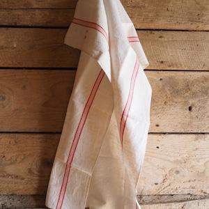 Tea towel, antique French fine linen dishcloth red striped with red monogram HT, birthday gift women
