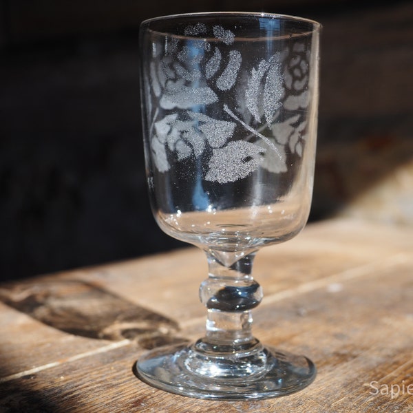 Festive antique French bistro cider or wine friendship glass hand engraved with roses, gift women men, friendship