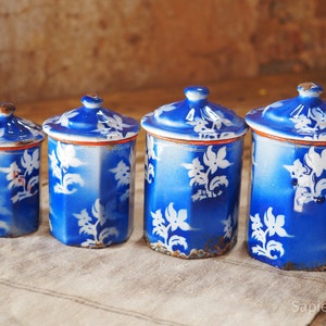 Antique canisters, set of four French blue enamel nesting pots, spice storage jars, gift women, country kitchen decor