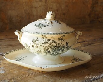 Shapely antique French creamware with bird decor lidded gravy or sauce boat by rare found marker E. Bourgois Paris  1800s, transferware