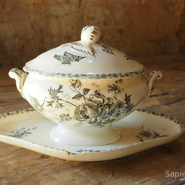 Shapely antique French creamware with bird decor lidded gravy or sauce boat by rare found marker E. Bourgois Paris  1800s, transferware