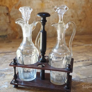 Stylish well made rare ebony wood antique French cruet set, oil and vinegar holder, condiment set for classy dinner table, gift men, women