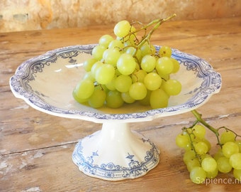 Antique French white with blue decor cake stand 1800s compote on foot by Bourgeois Paris