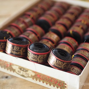 Antique French Linen Thread Bobbins Set: Black Sewing Haberdashery in Original Box