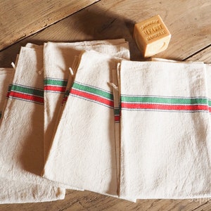 Set of 6 vintage French tea towels or dishcloths with red green stripes, soft material
