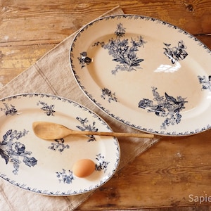 Pair of platters, large oval antique French Sarreguemines, white with blue decor Stella 1900 dish for salad, cake or fruit, gift women