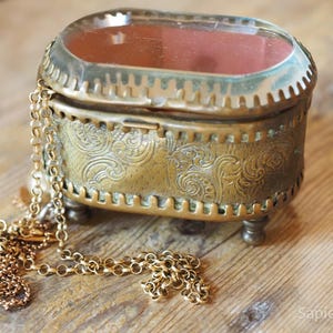 Ormolu jewelry box, small antique French, pink silk lining and beveled glass, ring box, gift women