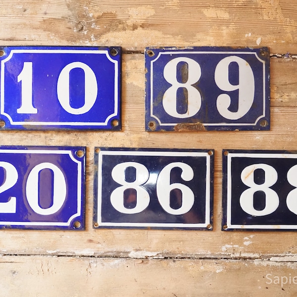 Great blue and white enameled vintage French door number plates, 10, 20, 86, 88, 89, plaque front door number, gift man woman, housewarming