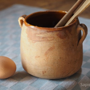 Shapely antique French handmade stoneware pot, oil jug or jar, confit pot, terracotta, earthenware,  decorative country kitchen, gift women