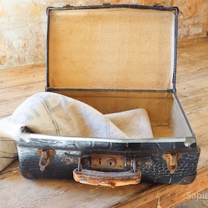 Decorative small french vintage suitcase or travel luggage full of character, faux-crocodile leather, travel trunk, valise