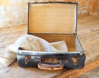 Decorative small french vintage suitcase or travel luggage full of character, faux-crocodile leather, travel trunk, valise