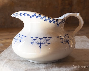 Beautiful antique French ironstone pitcher with Art Deco blue checkered decor, Creil Montereau, 1920