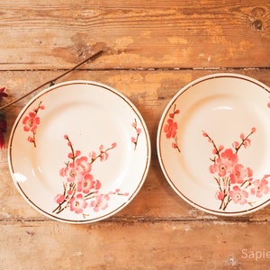 Pair of plates, breakfast or lunch creamware antique French 1932, st Amand cream with pink blossom, transferware, birthday gift women