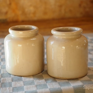 Può includere: Due piccoli vasi in ceramica bianco sporco con corpi arrotondati e bordi leggermente svasati. I vasi sono affiancati su un panno a scacchi blu e bianco. Lo sfondo è una superficie di legno sfocata.