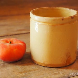 Yellow jam jar antique french by Novia, handmade confiture pot, stone ware confit crock