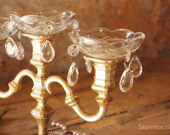 Antique French pair of cut glass bobèche with droplets, chandelier cup, lustre candle drip trays, large candle hole