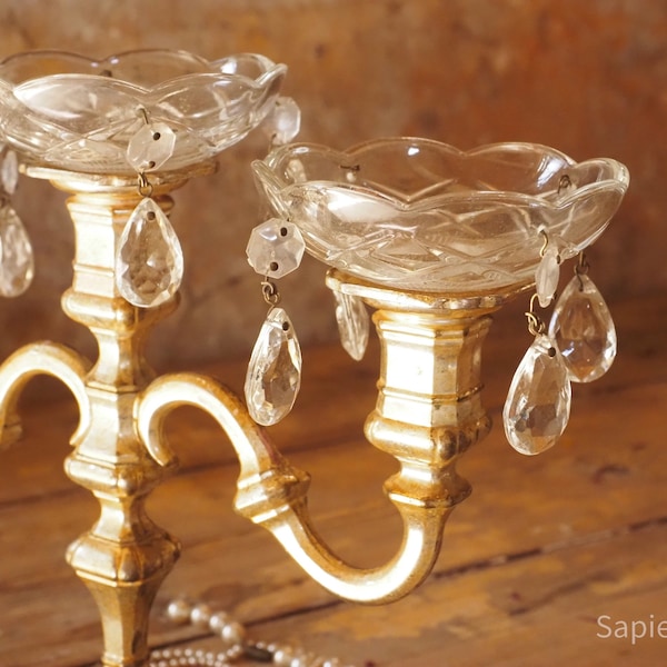 Antique French pair of cut glass bobèche with droplets, chandelier cup, lustre candle drip trays, large candle hole