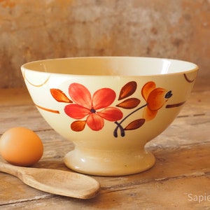 Large vintage French cream with red orange flowers ironstone Cafe au lait bowl by Gien, 1960