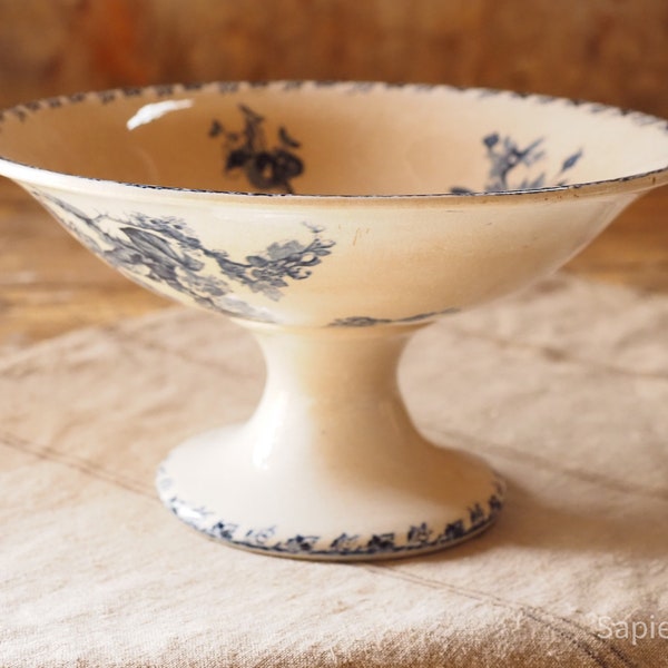 Lovely large cake stand, Sarreguemines 1900, antique French white with blue decor Stella, compote on foot, gift women