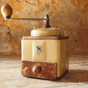 Vintage French Peugot Coffee grinder, enameled with drawer